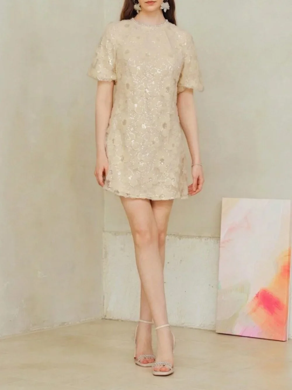Cream Sequin Floral Applique Mini Dress with Puff Sleeves